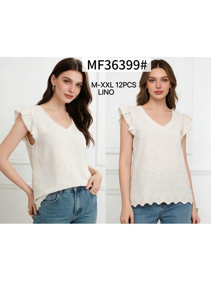 Top lino calado escote pico y volante