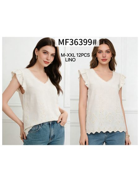 Top lino calado escote pico y volante