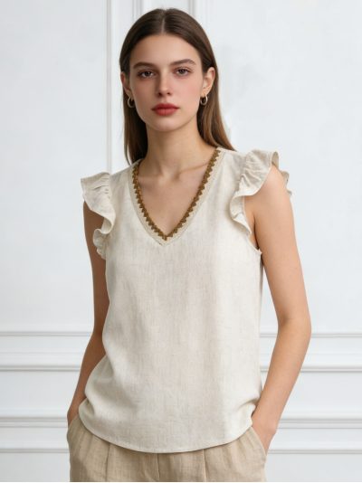 Blusa lino sin mangas escote pico ribeteado