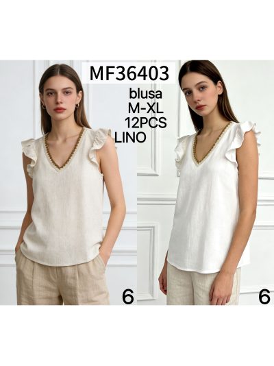 Blusa lino sin mangas escote pico ribeteado 2