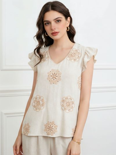 Blusa lino con bordado escote pico y volante