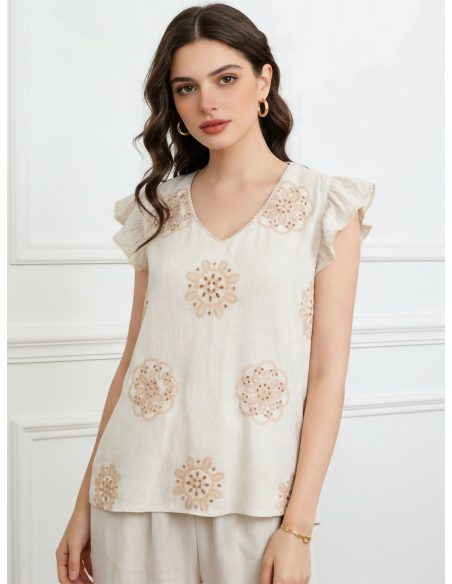 Leinenbluse mit besticktem V-Ausschnitt und Rüschen