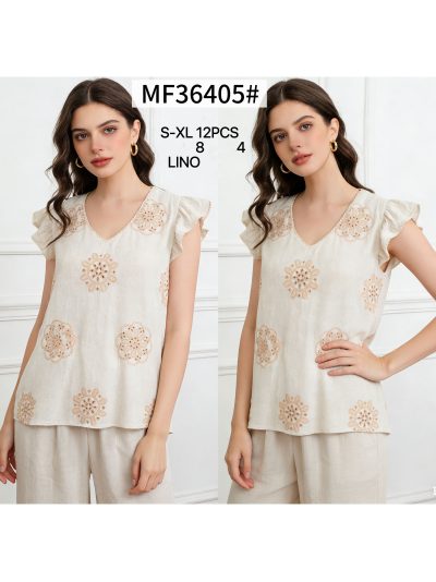 Blusa lino con bordado escote pico y volante 2