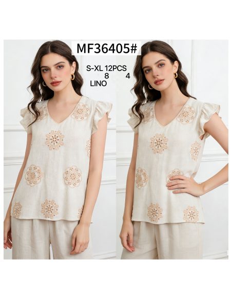 Leinenbluse mit besticktem V-Ausschnitt und Rüschen