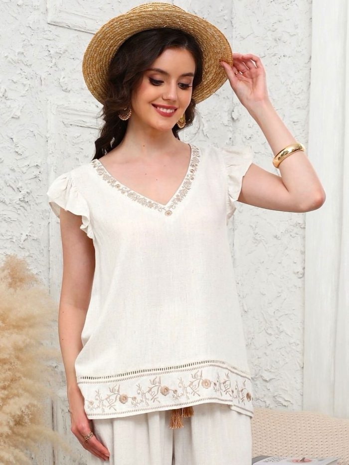 Blusa lino con bordado en bajo y escote pico