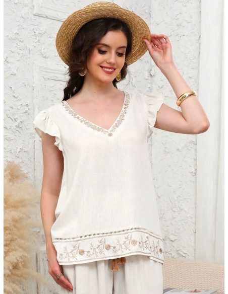 Blusa lino con bordado en bajo y escote pico