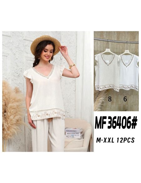 Blusa lino con bordado en bajo y escote pico