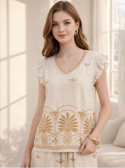 Blusa lino con bordado ornamental y escote pico