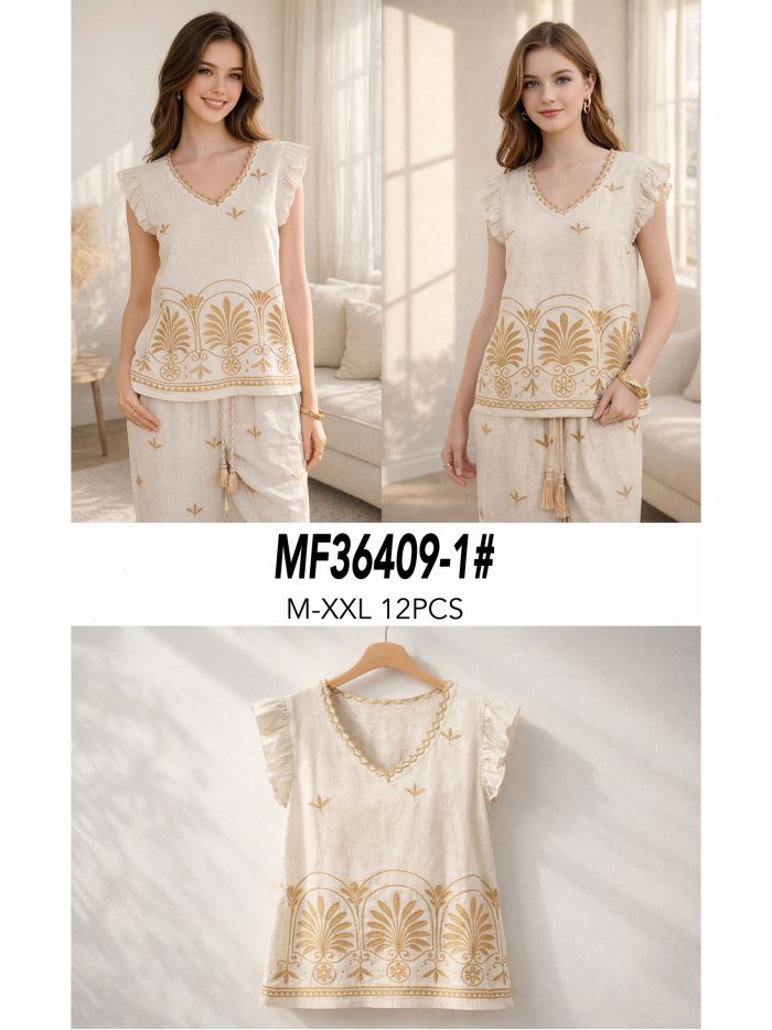 Blusa lino con bordado ornamental y escote pico