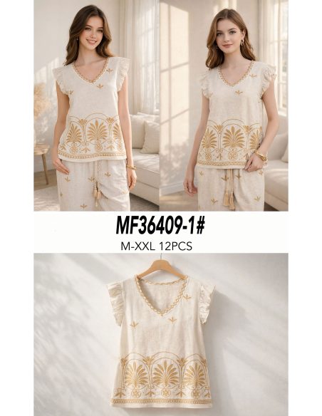 Blusa lino con bordado ornamental y escote pico