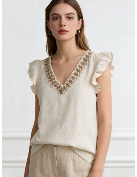 Blusa lino escote pico y detalle trenzado