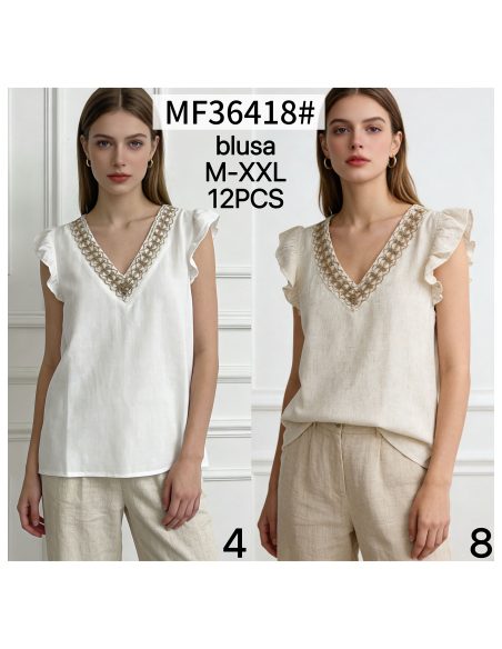 Blusa lino escote pico y detalle trenzado