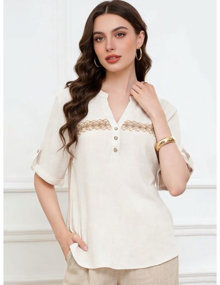 Blusa lino encaje frontal y botones