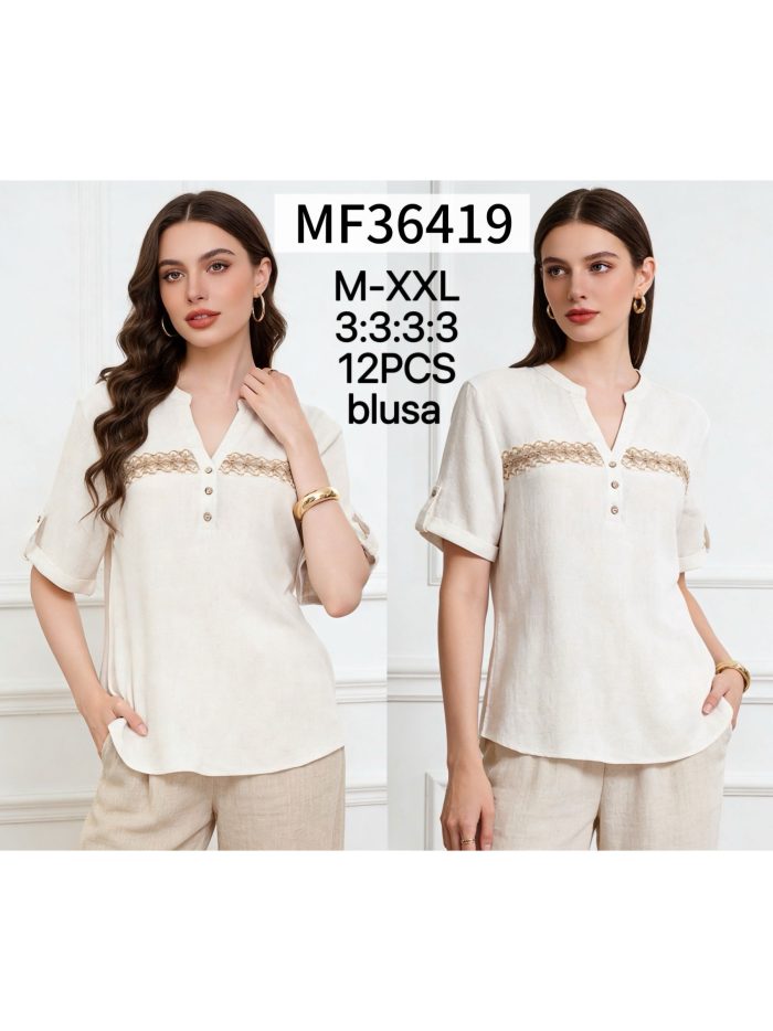 Blusa lino encaje frontal y botones