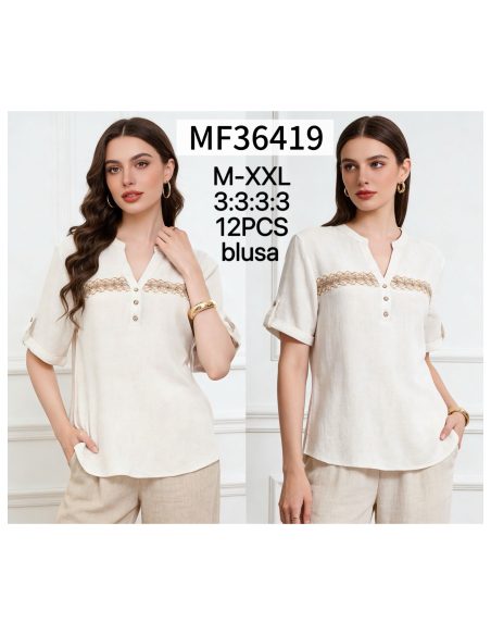 Blusa lino encaje frontal y botones