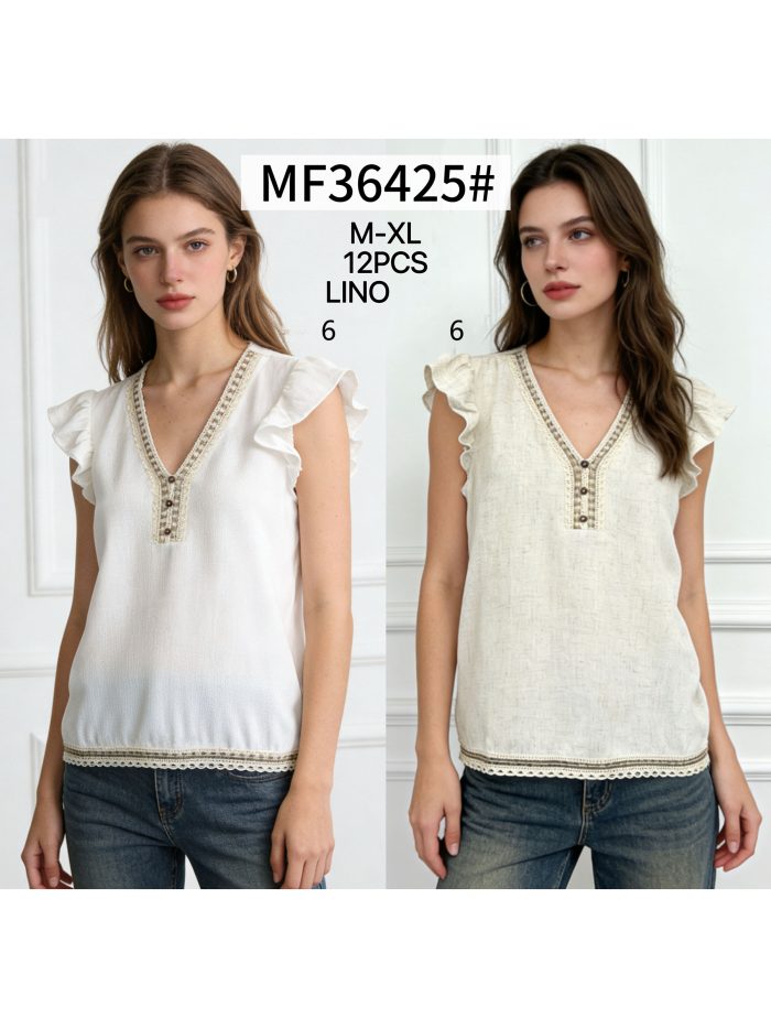 Top in lino con abbottonatura e volant