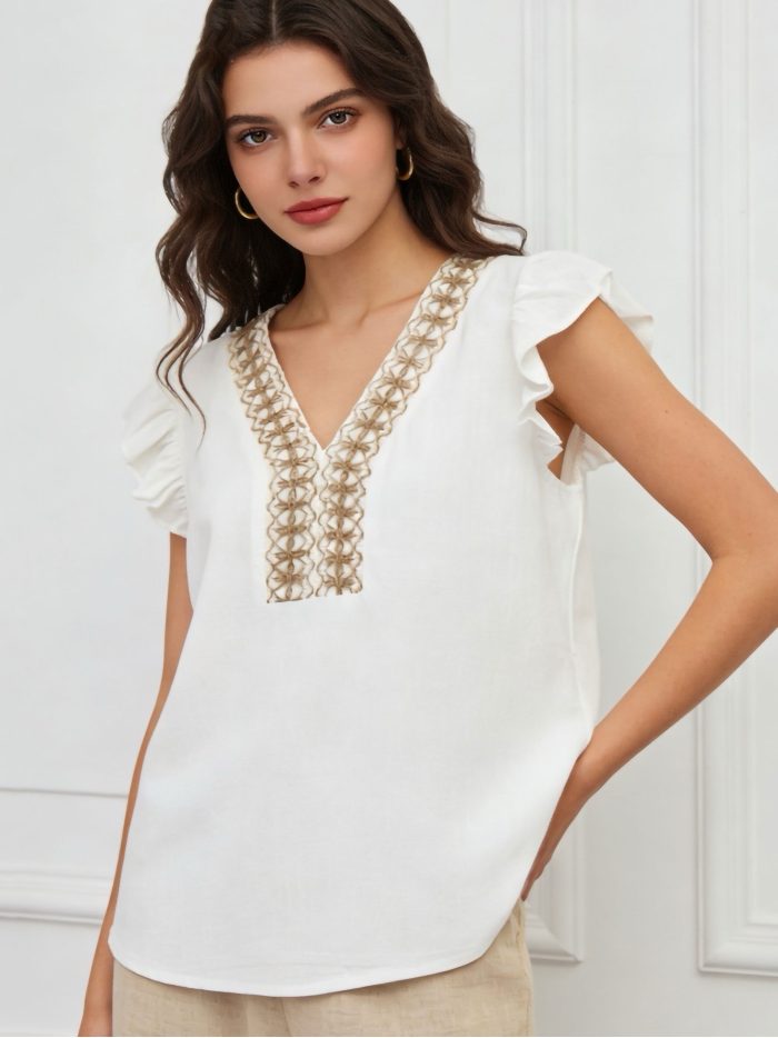 Blusa lino con bordado y escote pico