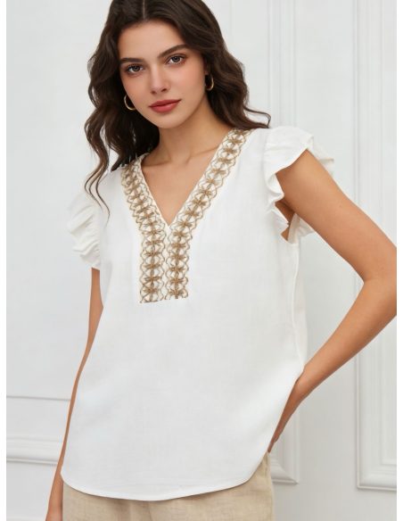 Blusa lino con bordado y escote pico