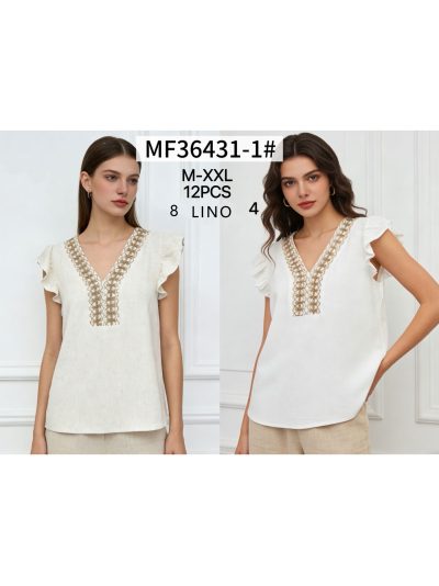 Blusa lino con bordado y escote pico 2