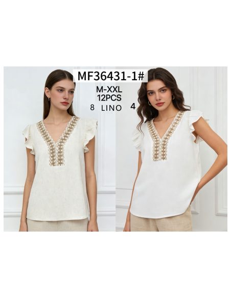 Blusa lino con bordado y escote pico