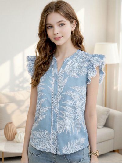 Blusa algodón estampada hojas volantes