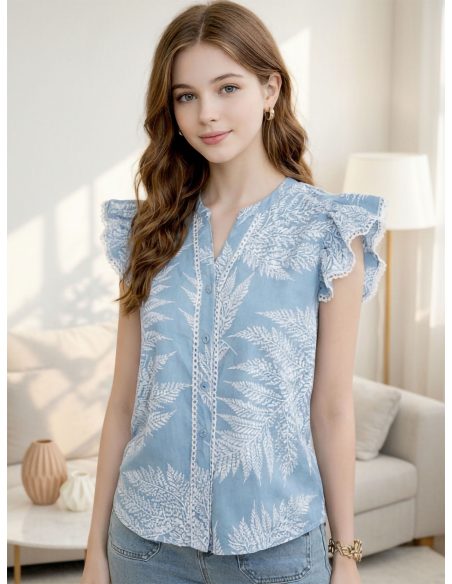 Blusa algodón estampada hojas volantes