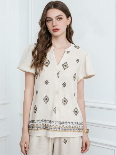 Blusa lino estampado étnico y cenefa