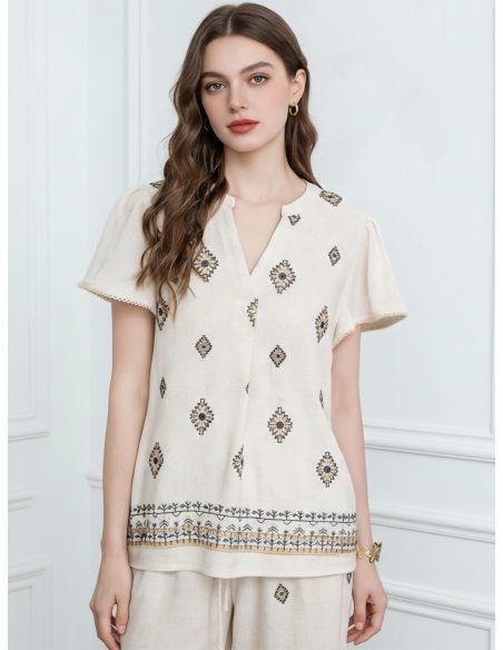 Blusa lino estampado étnico y cenefa