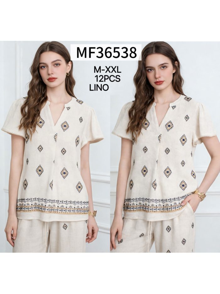 Blusa lino estampado étnico y cenefa