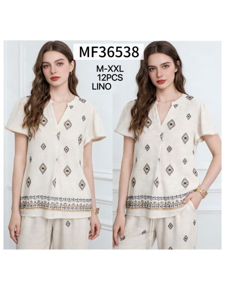 Blusa lino estampado étnico y cenefa