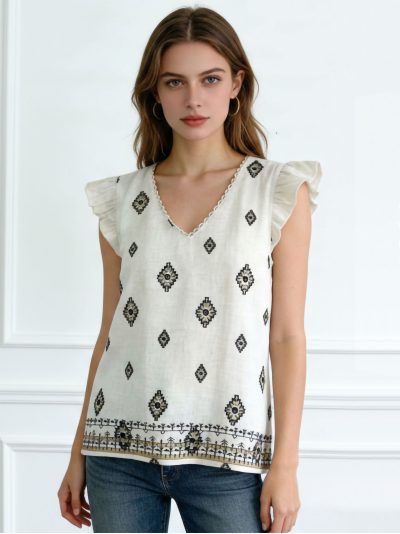 Linen printed ruffle blouse