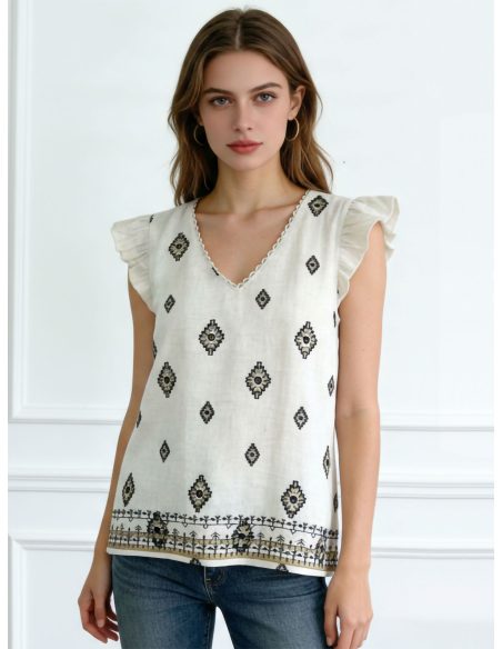 Linen printed ruffle blouse