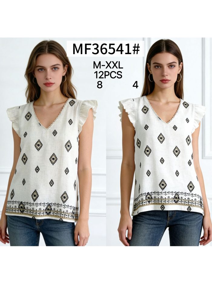 Linen printed ruffle blouse