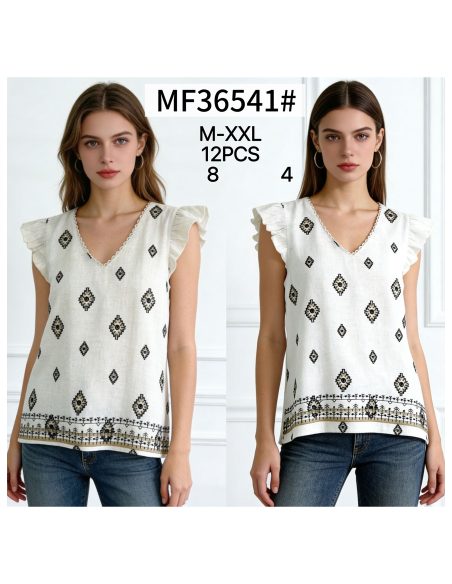 Linen printed ruffle blouse