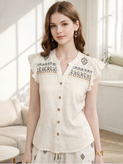 Camicetta in lino con volant ricamati