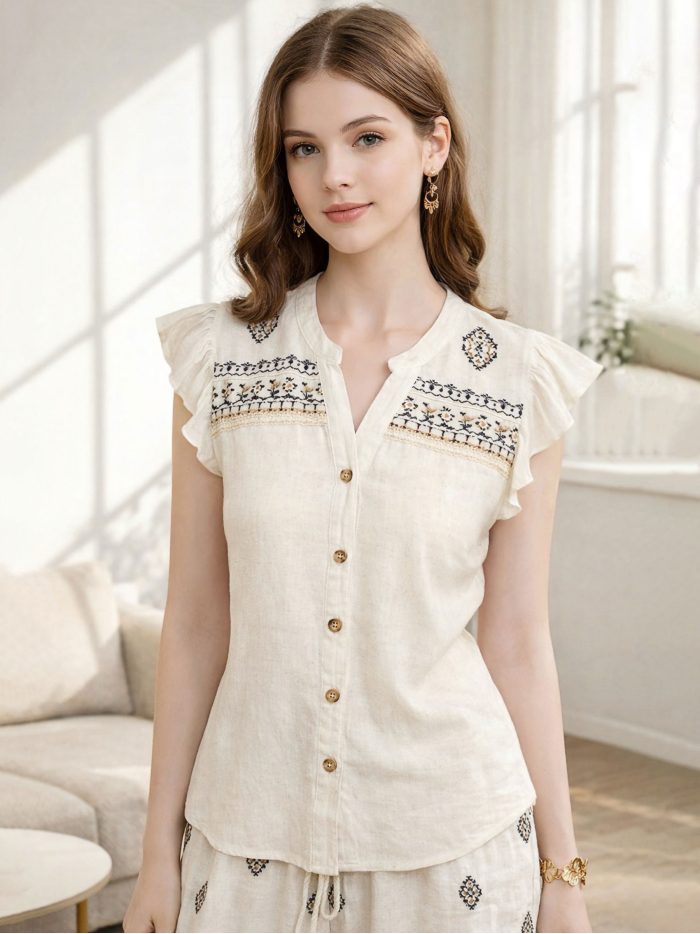 Camicetta in lino con volant ricamati