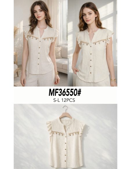 Blusa lino pliegues y detalle abalorios