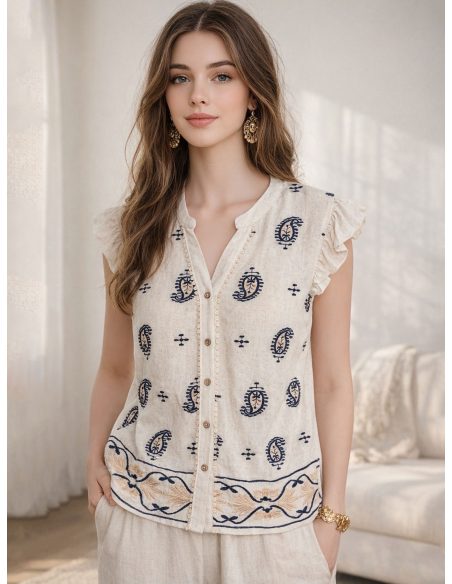 Blusa sin mangas lino estampada paisley