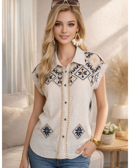 Blusa senza maniche in lino con ricami geometrici