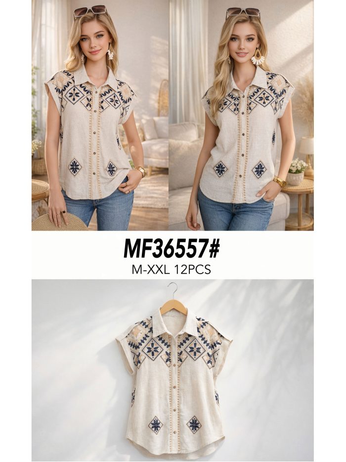 Blusa senza maniche in lino con ricami geometrici