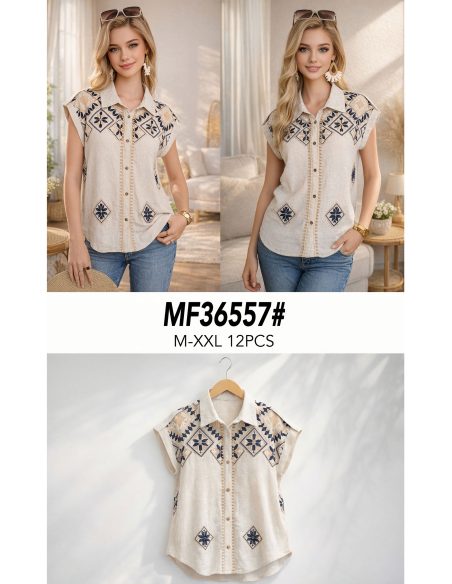 Blusa senza maniche in lino con ricami geometrici