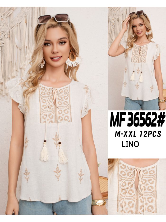 Blusa in lino con ricamo e fiocco con nappe