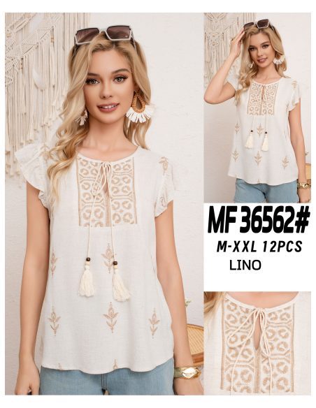 Blusa in lino con ricamo e fiocco con nappe