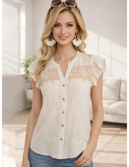 Leinenbluse mit Stickerei und Muschelverzierungen