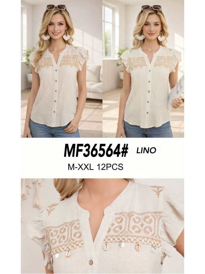 Leinenbluse mit Stickerei und Muschelverzierungen