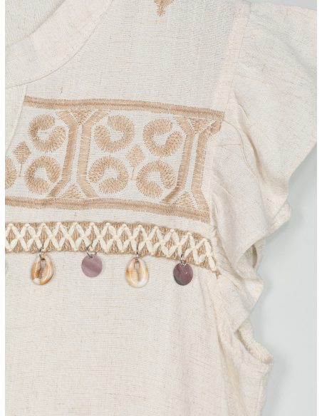 Leinenbluse mit Stickerei und Muschelverzierungen