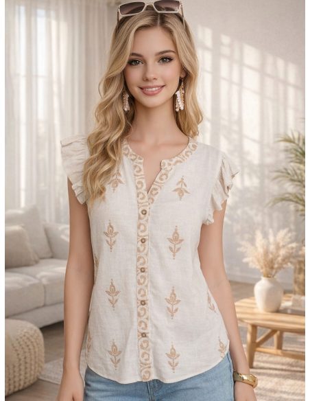 Leinenbluse mit bestickter Rüsche