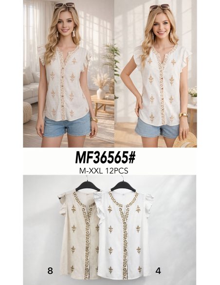 Leinenbluse mit bestickter Rüsche