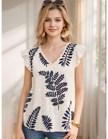 Leinentop mit gestickten Blättern und V-Ausschnitt
