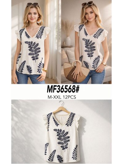 Top lino bordado hojas escote pico 2